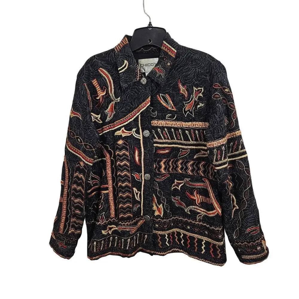 Vintage Embroidery Metallic Button Front Jacket Blazer Cottagecore Size M